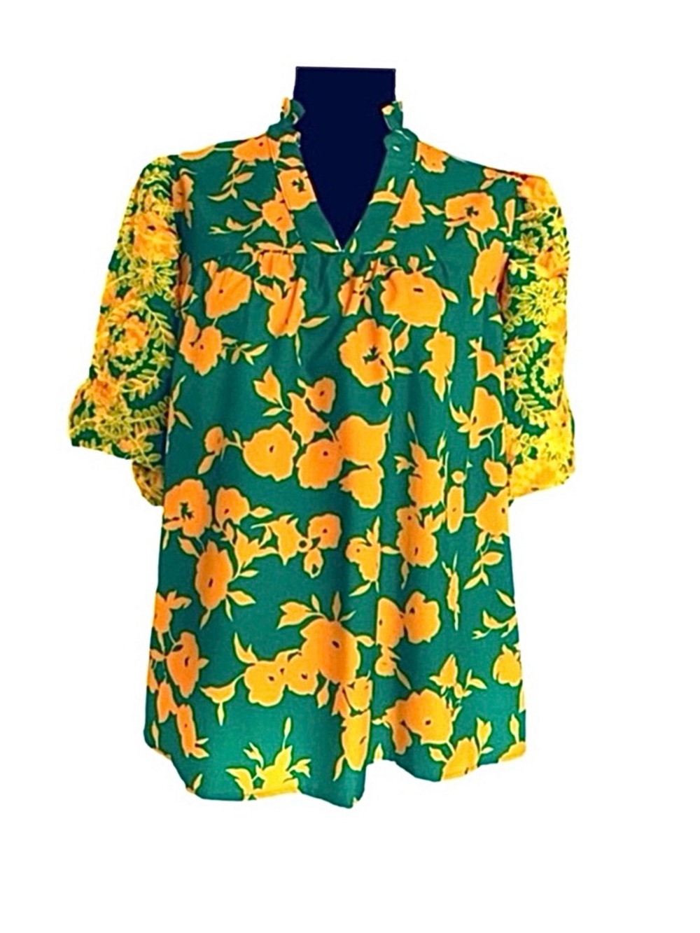 UMGEE ~ Vibrant Green and Orange Floral Blouse with Embroidered Puffed Sleeves